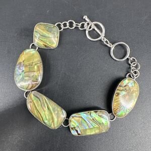 Vintage Sterling Silver Abalone Link Bracelet 6.5-7.5" Mid-Century Marked LOC